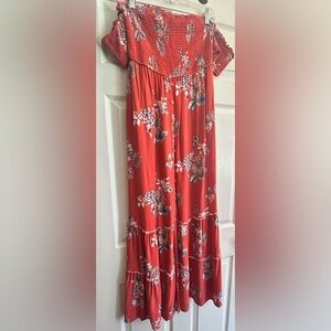 Red Flower Off the Shoulder Maxi Dress